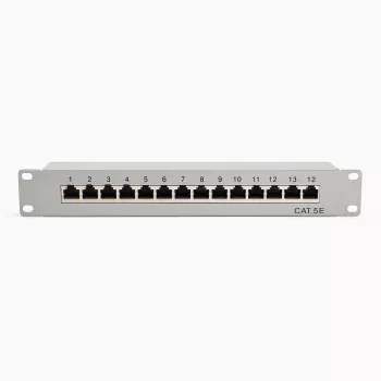 DSIT 10 inch 12portový Cat5e STP patch panel – 1U racková montáž, stíněný RJ45, černý