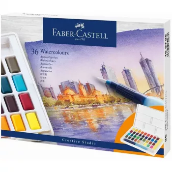 Sada akvarelových barev Faber-Castell Creative Studio, 36 barev v pevných miskách se štětcem a houbičkou, míchací paleta ve víku, studentská kvalita, transparentní, doplňovatelná, přenosné plastové pouzdro