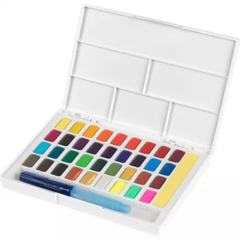 Sada akvarelových barev Faber-Castell Creative Studio, 36 barev v pevných miskách se štětcem a houbičkou, míchací paleta ve víku, studentská kvalita, transparentní, doplňovatelná, přenosné plastové pouzdro