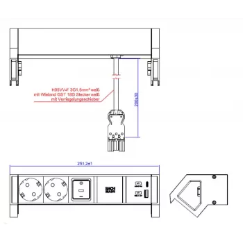 Bachmann DESK2 bílý stolní napájecí modul se 2 zásuvkami Schuko a USB-A/C 22W, 0,2 m GST18