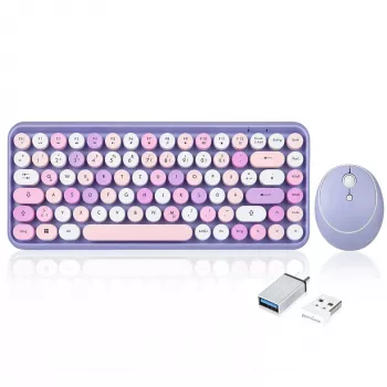 Perixx PERIDUO-713PP DE Wireless Mini Keyboard and Mouse Set, Retro Vintage Design, Purple, German Layout