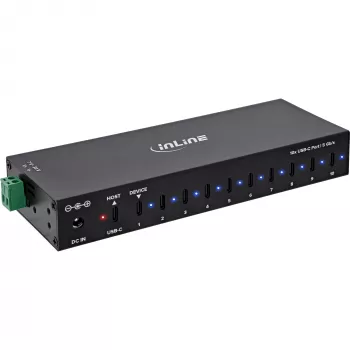 DELOCK InLine® USB 3.2 Gen.1 průmyslový hub, USB-C, 10 portů, s napájecím zdrojem