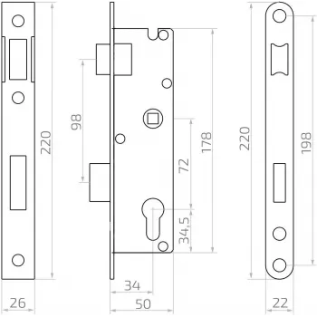 Zámek zadlabací PSG 63.211 L/P se střelkou a západkou, přestavitelný, čelní deska 220 x 22 mm, 72 mm PZ, 50 mm vzdálenost, pozinkovaná ocel