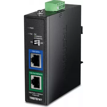 Průmyslový 10G PoE++ splitter TRENDnet TI-SG704, 802.3bt Type 4, výstup 12V/24V/48V DC, montáž na DIN lištu/zeď, IP30 kov