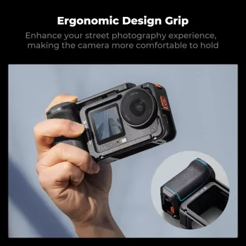 KF Camera Cage Frame Mount with Grip for DJI Osmo Action 6 / Action 5 / Action 4 / Action 3, Aluminum Alloy, Black, KF12.0036