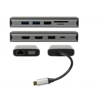 ALLNET PSUC0216 - USB 3.2 Gen 1 (3.1 Gen 1) Type-C - 3,5 mm - HDMI - RJ-45 - USB 2.0 - USB 3.2 Gen 1 (3.1 Gen 1) Type-A - USB 3.2 Gen 1 (3.1 Gen 1) Type-C - VGA - 3840 x 2160 pixelů - MicroSD (TransFlash) - SD - šedá - 100 W