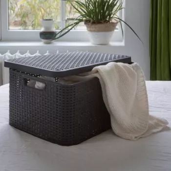 CURVER Style L Storage Box with Lid, 43.6 x 32.6 x 23 cm, Dark Brown, 32.67 L, Foldable, Stackable, Fabric Handles