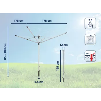 LEIFHEIT LinoLift 500 rotační sušák na prádlo, 50 m šňůry, hliníkový rám, výškově nastavitelný 106-179 cm, UV odolné šňůry, zemní objímka součástí