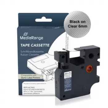 Kazeta s plastovou popisovací páskou MediaRange pro Dymo D1 43610/S0720770, 6 mm x 7 m, laminovaná, permanentní lepidlo, černá na průhledné (MRDY43610)