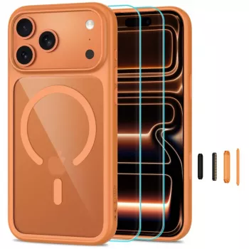 Pouzdro MagSafe TECH-PROTECT MAGONE s 2 ks tvrzeného skla na displej pro iPhone 17 Pro / 18 Pro – Cosmic Orange/průhledné