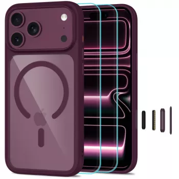 Pouzdro s MagSafe a ochranným sklem z tvrzeného skla TECH-PROTECT MagOne 2 ks pro iPhone 17 Pro Max / 18 Pro Max – Dark Cherry/transparentní