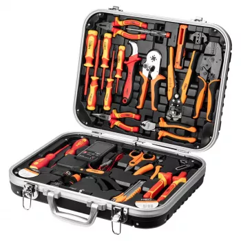 NEO TOOLS 25dílná sada elektrikářského nářadí v kufru, VDE izolované ruční nářadí se zkoušečkou napětí, odizolovacími kleštěmi, kleštěmi, šroubováky a příslušenstvím v odolném plastovém kufru