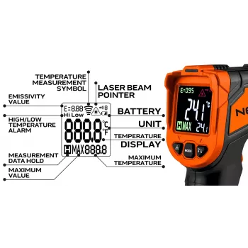 NEO TOOLS 75-276 pyrometr, bezkontaktní infračervený teploměr s dvojitým laserovým zaměřováním, -50 °C až 880 °C, 12:1 D:S, nastavitelná emisivita, podsvícený LCD