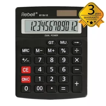 Polostolní kalkulačka REBELL RE-8118-12 BX, 12místný skloněný LCD, duální napájení solární a bateriové, černá