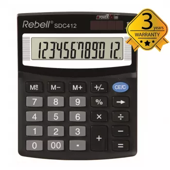 Polodesktopová kalkulačka REBELL RE-SDC412 BX, 12místný LCD displej, duální napájení, černá