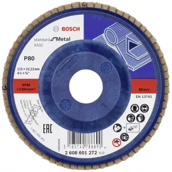 Lamelový brusný kotouč Bosch X431 Standard pro kov, 115 mm, zirkonový korund, zrnitost P60, otvor 22,23 mm 2608601272