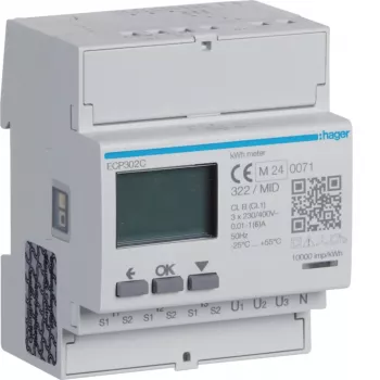Třífázový elektroměr Hager ECP302C pro proudové transformátory 1A nebo 5A, 4modulová DIN lišta, impulsní výstup S0