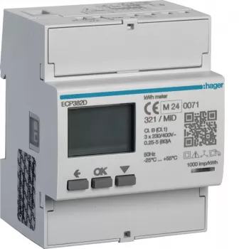 Třífázový elektroměr Hager ECP382D Direct 80A 4M S0 MID