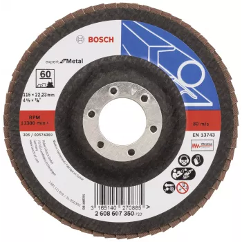 Lamelový brusný kotouč Bosch X551 Standard pro kov, průměr 115 mm, vrtání 22,33 mm, zrnitost 60, zirkonový korund, kuželový, 1 ks 2608607350