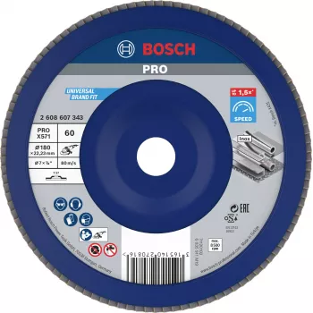 Lamelový brusný kotouč Bosch X571 Best for Metal, průměr 180 mm, otvor 22,33 mm, zirkonový korund, zrnitost K40, kuželový typ 29, pro ocel a železné kovy, 2608607343