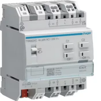 KNX Secure aktor pro rolety/žaluzie Hager TYAS624C, 4kanálový, 230 V AC, na DIN lištu