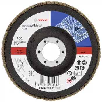 Bosch X431 Standard Flap Disc for Metal, Straight, 125 mm, Grit 80, Fiberglass Backing 2608603718