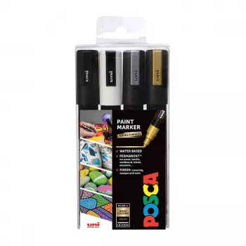 Sada akrylových popisovačů Uni-Ball Faber-Castell POSCA PC-5M Metallic, 4 barvy, střední kulatý hrot 1,8–2,5 mm 182544