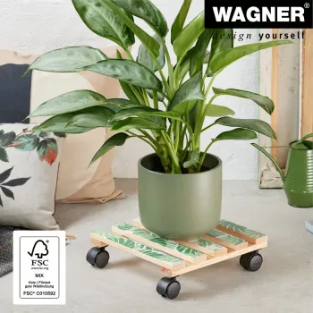 WAGNER design yourself Plant Roller GH0645 Square Wood Motif 29 x 8 cm, Natural Birch Plywood, 4 Swivel Castors, 100 kg Load 20064501