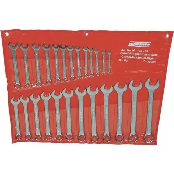 BRÜDER MANNESMANN M130-25 25-Piece Combination Wrench Set, Metric 6-32 mm, Chrome Vanadium Steel, DIN 3113, in Roll-up Textile Bag