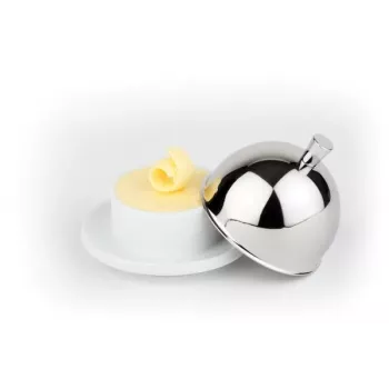 Máslenka APS, porcelánová miska s víkem z nerezové oceli 18/8, 180 x 130 x 70 mm, bílá/stříbrná, 1 ks 15921
