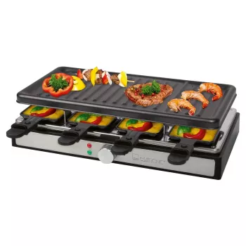 Raclette gril Clatronic RG 3757, obdélníkový, žebrovaná grilovací deska 42x21 cm, 8 raclette pánviček, 1400 W, nerez/plast 263946
