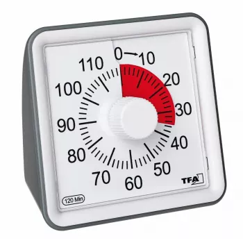 Analogový mechanický odpočítávací časovač TFA DOSTMANN VISUAL bílý, 60 minut, tichý provoz a akustický alarm (38.2043.10)