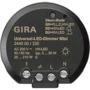 Univerzální modul stmívače LED GIRA 244000, do sádrokartonu, elektronický, 230 V AC, 3-100 W LED / 20-200 W halogen, fázové řízení, soft start, paměťová funkce