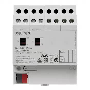Spínací aktor KNX Jung, 2kanálový, 16 A, 230 V AC, DIN lišta, 2 TE 2302.16REGHM