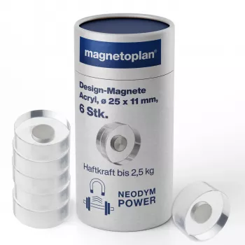 Designové magnety MAGNETOPLAN HOLTZ magnetoplan, 25 mm, balení 6 ks neodymových magnetů s průhledným akrylovým držadlem, leštěné (1680025)