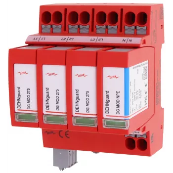 DEHN DEHNguard MP TT 275 FM Type 2 Surge Arrester, 4-Pole, 275 V AC, DIN Rail Mount, with Remote Signalling Contact 942315