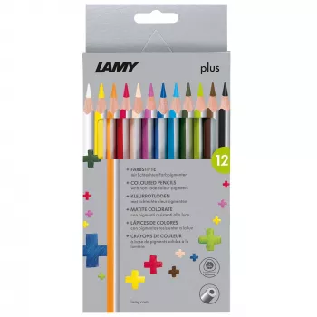 Trojhranné barevné tužky LAMY plus, 12 kusů v kartonovém pouzdru, ergonomický trojhranný tvar, matný povrch, různé barvy (1222007)