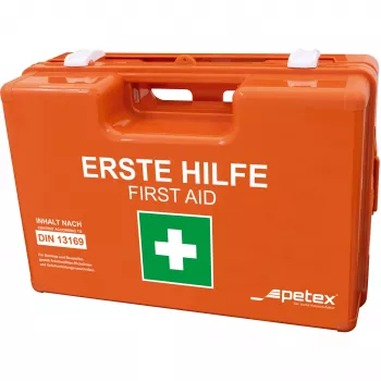 Lékárnička PETEX 43924135 DIN 13157, oranžová, 280 x 115 x 200 mm, nástěnná, ABS plast, pro kanceláře, dílny, malé podniky, vzdělávací instituce