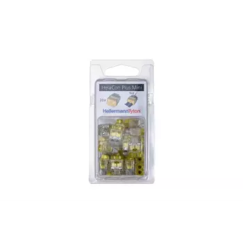 HellermannTyton HelaCon Plus Mini HCPM-2 Push-In Wire Connector, 2-Pole, 0.5-2.5mm², Clear/Yellow, 20-Pack 148-90054