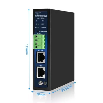 Průmyslový PoE splitter/extractor ALLNET IEEE 802.3bt Type 4, 90 W, volitelný výstup 5V/9V/12V/24V, Gigabit Ethernet, montáž na DIN lištu/stěnu (ALL-PSI104G-BT90-PD)