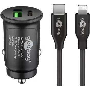 Sada rychlonabíječky do auta Goobay Dual-USB Lightning 27 W - nabíječka do auta USB-C a USB-A s kabelem USB-C na Lightning 72166