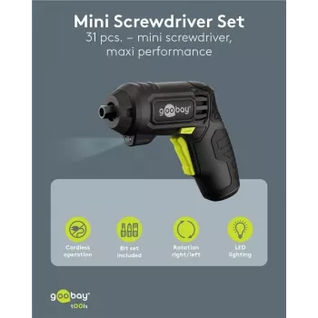 Sada mini akumulátorového šroubováku Goobay 31dílná s pistolovou rukojetí, 28 bitů a Micro-USB nabíjením (77818)