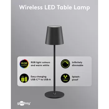 Bezdrátová LED stolní lampa Wentronic Goobay, velikost M, 38 cm, RGBW, černá (76569)