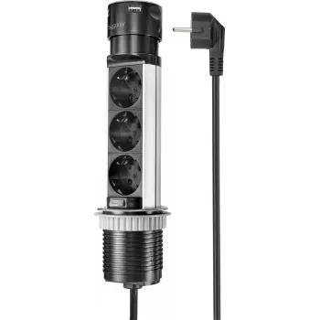 SYGONIX SY-4997104 Power Strip Tower, 6 AC Outlets, 2 USB-A Ports, 1.5 m Cable, Black/Silver
