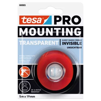 tesa Montage PRO transparentní 66965-00001-00 oboustranná akrylátová pěnová montážní páska, 5 m x 19 mm, nosnost až 10 kg/m, odolná UV a vlhkosti, pro interiér a exteriér
