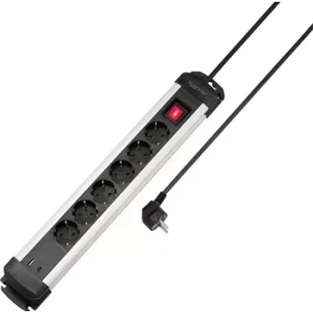 Přepěťová lišta Sygonix SY-6807130 6násobná s podsvíceným vypínačem, černá/stříbrná, 1,5 m kabel