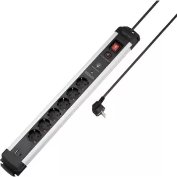 Přepěťová lišta s ochranou proti přepětí Sygonix SY-6805674 6násobná s vypínačem, Schuko, 1,5 m kabel, černá/stříbrná