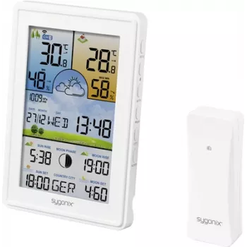 Sygonix SY-5509564 Digitální meteostanice s předpovědí na 12-24 hodin, hodiny DCF, vnitřní/vnější teplota a vlhkost, fáze měsíce, výstraha proti mrazu, podpora 3kanálového senzoru