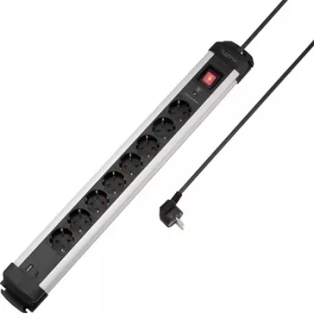 Sygonix SY-6807134 8-Way Surge Protected Power Strip, Black/Silver, 1.5m Cable