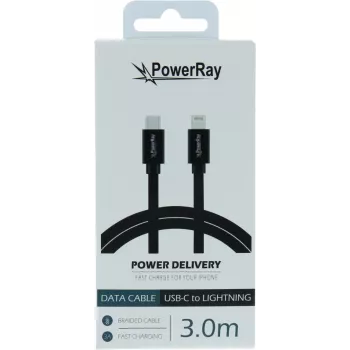 PowerRay USB-C to Lightning Data & Charging Cable 3m Black Textile Braided MFi Certified PR-DCCL300TBK